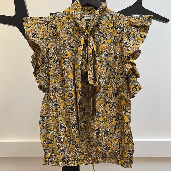 BALENCIAGA Mustard Paisley print blouse Ruffle Sleeves Tie Neck size 36 FR Small - Picture 4 of 9
